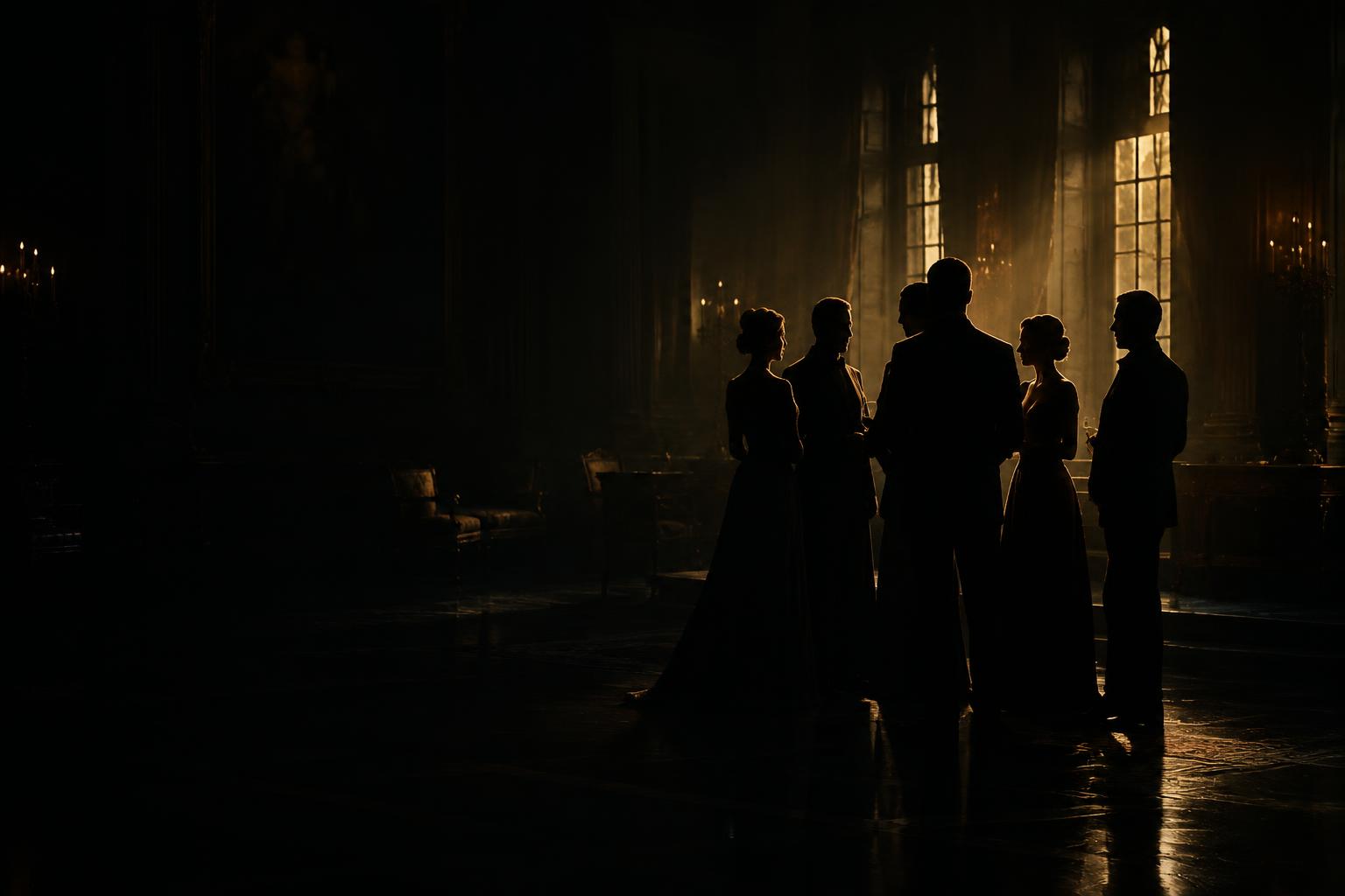 Silhouettes of members gathered in a dark private hall, lit by faint golden light